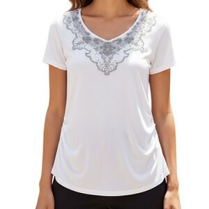 WHITE HOUSE BLACK MARKET White Embroidered‎ Lace Beaded Neckline Top EUC Size XS